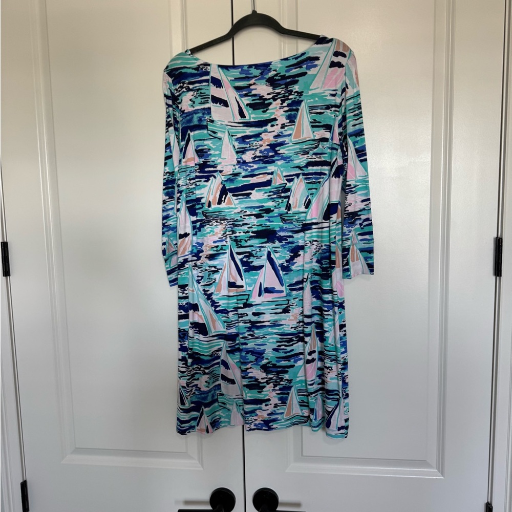 Lilly Pulitzer Turquoise Blue Pink Sailboat Print Long Sleeve Dress